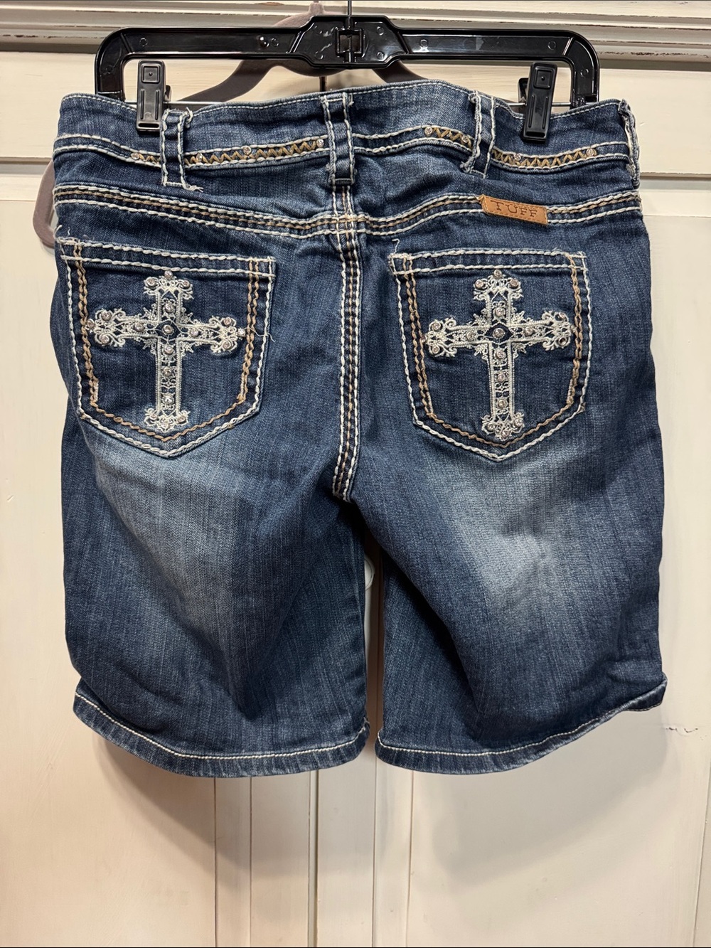 Cowgirl Tuff Women's Dark Blue Denim Shorts with Cross Back Pockets